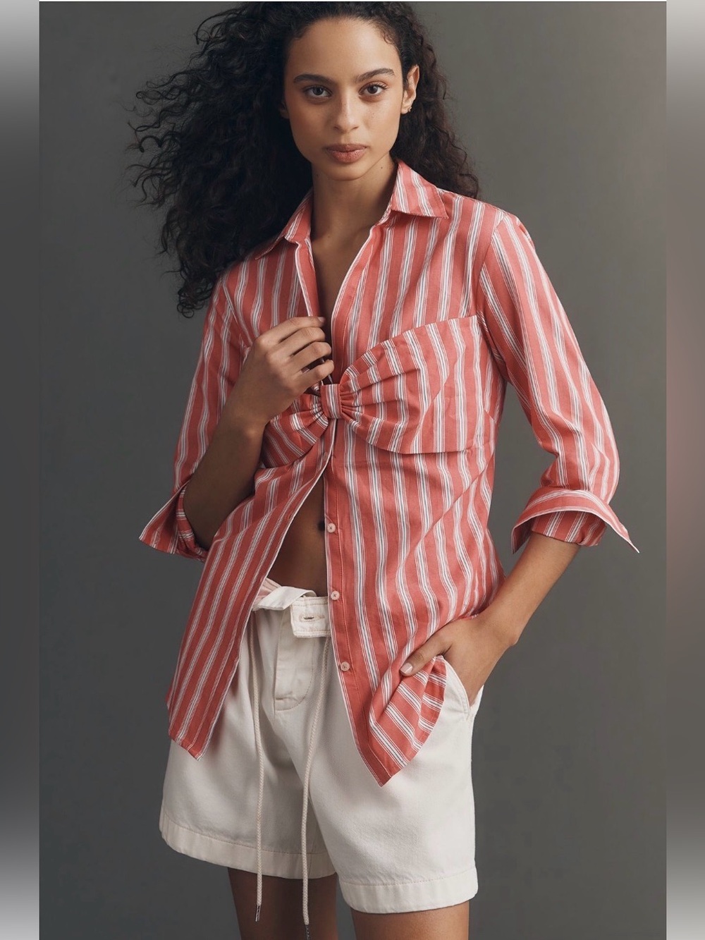 Maeve Bow Long Sleeve Buttondown Top Red Stripe Cotton XL NWT Anthropologie